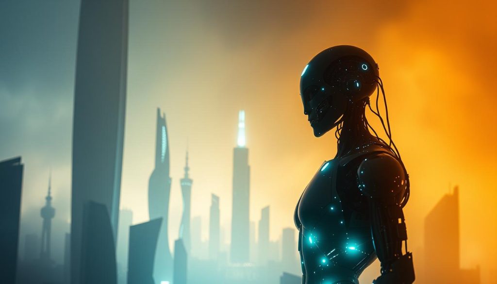 A striking humanoid cyborg stands in the foreground, its metallic frame and glowing circuits casting an ethereal glow. The figure is bathed in a combination of cool, bluish lighting from the left and warm, amber tones from the right, creating an atmospheric chiaroscuro effect. In the middle ground, a futuristic landscape unfolds, with towering skyscrapers and sleek, angular architecture. The background is shrouded in a hazy, dreamlike mist, hinting at the uncertain and mysterious nature of this technological evolution. The overall mood is one of wonder, curiosity, and a sense of the uncanny, reflecting the transformative potential and unsettling implications of the "Humanoïde — l'introduction de Cyborg en image et en idées".
