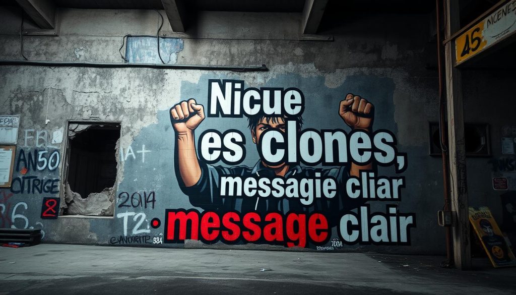 A striking mural featuring a bold, defiant message in a gritty urban setting. The foreground depicts a large, expressive figure, hands raised in a gesture of protest, conveying a powerful, no-nonsense attitude. The middle ground showcases a backdrop of crumbling concrete walls, weathered and textured, hinting at the passage of time and the weight of societal norms. In the background, a dimly lit, moody atmosphere sets the tone, with a subtle interplay of shadows and highlights, evoking a sense of tension and a call to action. The overall composition exudes a raw, unapologetic energy, reflecting the uncompromising spirit of the message "Nique les clones, message clair".