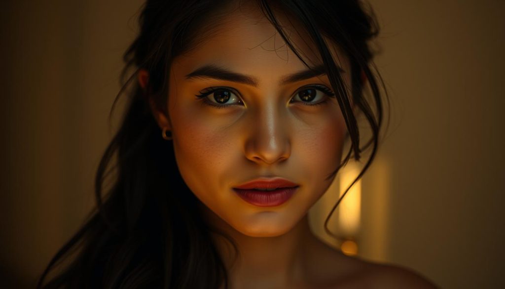 A stunning portrait of Nekfeu's significant other, set against a softly blurred background. The subject's face is beautifully lit, revealing delicate features and a pensive expression. The lighting is warm and natural, creating an intimate, almost romantic mood. The composition is carefully balanced, with the subject placed slightly off-center to create a sense of depth and visual interest. The image has a high-quality, cinematic aesthetic, as if captured by a professional photographer using a high-end camera and lens. The overall impression is one of quiet elegance and thoughtfulness, perfectly suited to illustrate the section on who Nekfeu's partner truly is.