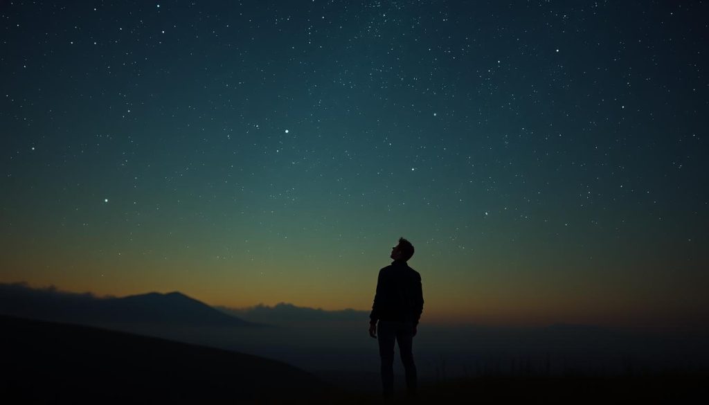 A tranquil night sky, stars gently drifting amidst a soft, hazy atmosphere. In the foreground, a lone figure stands, gazing upwards with a pensive expression, captivated by the ethereal "étoiles vagabondes" - the wandering stars that seem to beckon with their ethereal glow. The landscape is muted, with rolling hills or a distant horizon, allowing the focus to remain on the captivating celestial display. The lighting is subdued, with a warm, golden hue, creating a sense of contemplation and introspection. The composition is balanced, with the figure placed slightly off-center, drawing the eye towards the mesmerizing stars above. The overall mood is one of wonder, serenity, and a touch of melancholy, reflecting the pensive nature of the subject matter. A tranquil night sky, stars gently drifting amidst a soft, hazy atmosphere. In the foreground, a lone figure stands, gazing upwards with a pensive expression, captivated by the ethereal "étoiles vagabondes" - the wandering stars that seem to beckon with their ethereal glow. The landscape is muted, with rolling hills or a distant horizon, allowing the focus to remain on the captivating celestial display. The lighting is subdued, with a warm, golden hue, creating a sense of contemplation and introspection. The composition is balanced, with the figure placed slightly off-center, drawing the eye towards the mesmerizing stars above. The overall mood is one of wonder, serenity, and a touch of melancholy, reflecting the pensive nature of the subject matter.