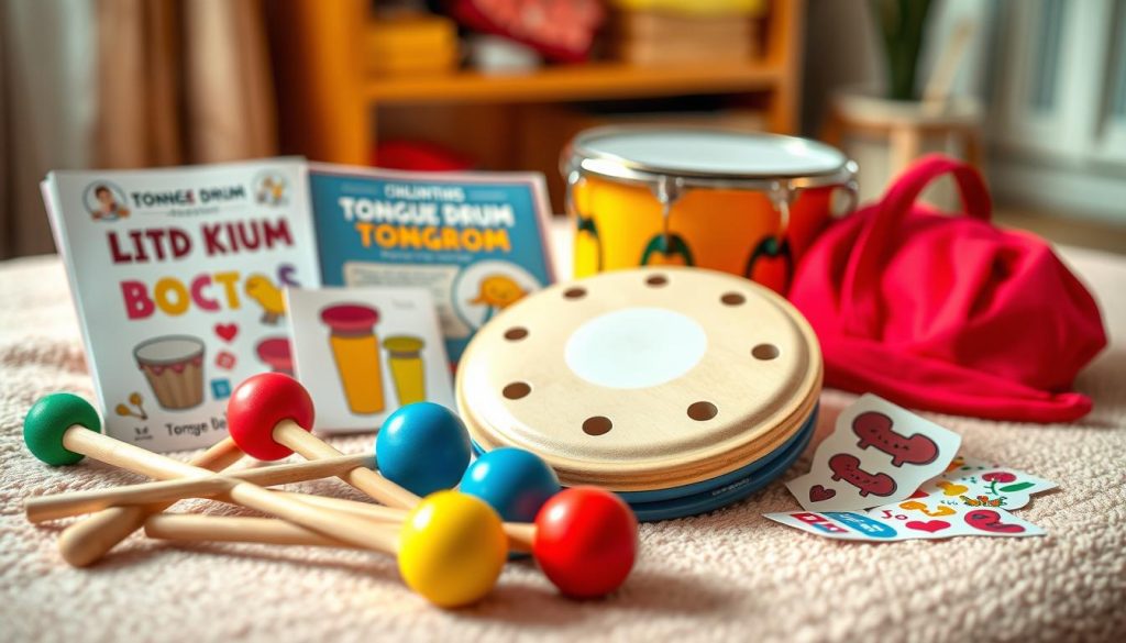 A vibrant and colorful scene featuring a variety of accessories for a children's tongue drum, placed on a soft, textured surface. In the foreground, showcase a set of mallets in different colors, a beginner’s guidebook visually appealing for kids, and decorative stickers specifically designed for personalizing tongue drums. In the middle ground, include a cheerful, child-sized tongue drum with a glossy finish, highlighting its unique tongue cuts. In the background, create a warm, inviting atmosphere with soft, natural lighting to suggest a playful environment. Use a slightly blurred effect to emphasize the accessories in the foreground while keeping the entire scene well-composed, conveying a sense of joy and creativity. A vibrant and colorful scene featuring a variety of accessories for a children's tongue drum, placed on a soft, textured surface. In the foreground, showcase a set of mallets in different colors, a beginner’s guidebook visually appealing for kids, and decorative stickers specifically designed for personalizing tongue drums. In the middle ground, include a cheerful, child-sized tongue drum with a glossy finish, highlighting its unique tongue cuts. In the background, create a warm, inviting atmosphere with soft, natural lighting to suggest a playful environment. Use a slightly blurred effect to emphasize the accessories in the foreground while keeping the entire scene well-composed, conveying a sense of joy and creativity.