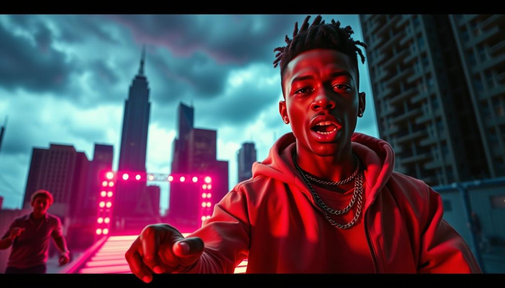 A vibrant, high-energy music video set against a gritty urban backdrop. In the foreground, a young rapper commands the screen with fierce, captivating movements, his expression intense and focused as he delivers his impassioned lyrics. The middle ground features a pulsing, neon-lit stage with a moody, industrial aesthetic, while the background showcases the towering, angular silhouettes of skyscrapers set against a stormy, dramatic sky. Dramatic lighting casts dramatic shadows, heightening the sense of raw energy and momentum. The overall mood is one of youthful rebellion, technical prowess, and the exhilarating beginnings of an impactful musical career.