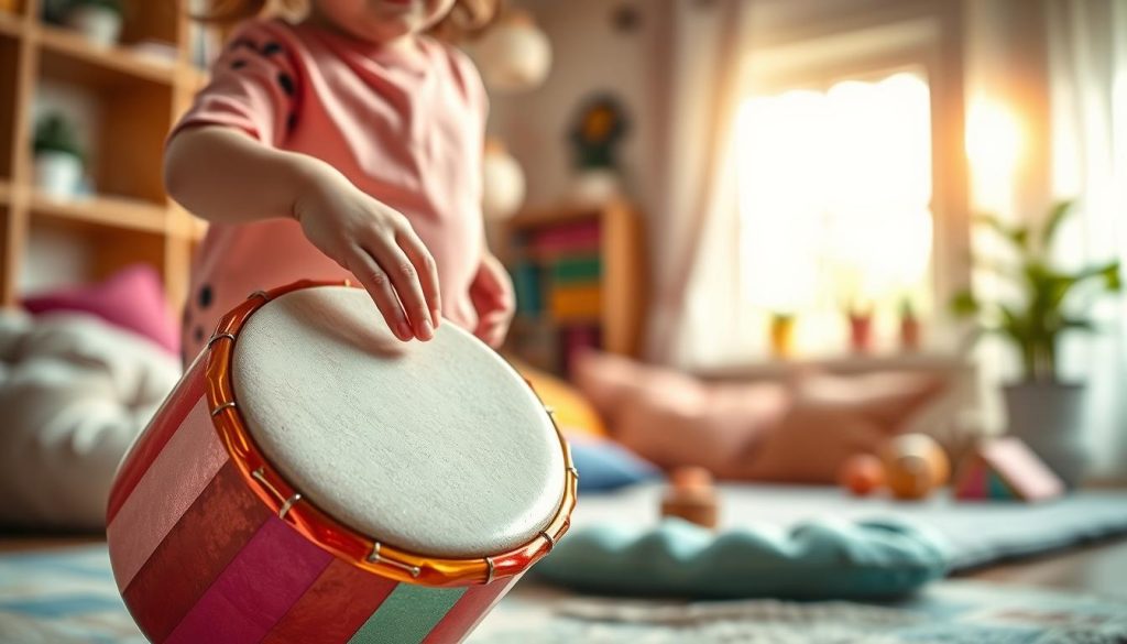 A vibrant, inviting scene featuring a child-friendly tongue drum ideal for children. The tongue drum is prominently displayed in the foreground, crafted from colorful materials with distinct, shiny tones that catch the light. The child's small hands are gently tapping the drum, showcasing its size while conveying a sense of joy and creativity. In the middle ground, a cozy, well-lit playroom with soft, playful decor complements the atmosphere, featuring cushions and toys scattered around. The background consists of a softly blurred window allowing warm, natural light to flood in, enhancing the inviting environment. The composition should reflect a playful yet serene mood, capturing the essence of music exploration for children. The image aims to evoke feelings of joy, creativity, and the importance of choosing the right tongue drum size for kids. A vibrant, inviting scene featuring a child-friendly tongue drum ideal for children. The tongue drum is prominently displayed in the foreground, crafted from colorful materials with distinct, shiny tones that catch the light. The child's small hands are gently tapping the drum, showcasing its size while conveying a sense of joy and creativity. In the middle ground, a cozy, well-lit playroom with soft, playful decor complements the atmosphere, featuring cushions and toys scattered around. The background consists of a softly blurred window allowing warm, natural light to flood in, enhancing the inviting environment. The composition should reflect a playful yet serene mood, capturing the essence of music exploration for children. The image aims to evoke feelings of joy, creativity, and the importance of choosing the right tongue drum size for kids.