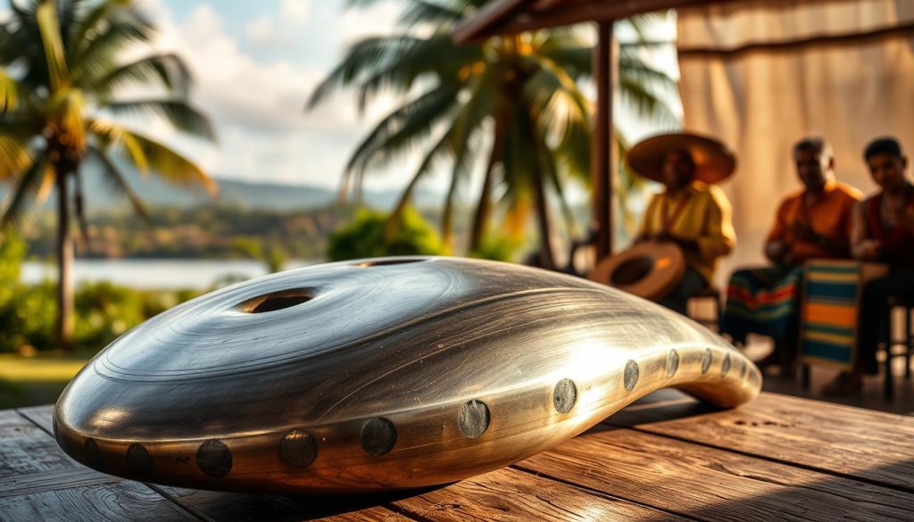 An exquisite steel tongue drum resting on a rustic wooden table, showcasing its unique shapes and polished surface under soft, warm natural light. In the foreground, emphasize the intricate grooves and tones carved into the metal, reflecting the craftsmanship behind its creation. In the middle ground, a historical backdrop of tropical landscapes, hinting at the instrument's origins in Papua New Guinea, with lush palm trees and a serene sky. In the background, a subtle hint of traditional musicians engaged in a cultural performance, dressed in modest traditional attire, evoking a sense of connection to the origins of this instrument. The atmosphere is calm and inviting, illustrating the soothing soundscapes produced by the steel tongue drum, with a focus on harmony and heritage.