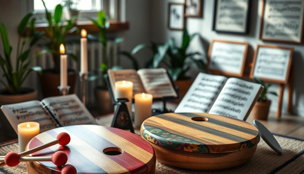 A beautifully arranged display of a tongue drum setup, featuring a colorful, hand-painted tongue drum in the foreground, showcasing its natural wooden texture and resonant sound holes. Surrounding the drum are various accessories, including a set of mallets with vibrant rubber tips, a music stand holding neatly arranged sheet music, and a small metronome positioned nearby. In the middle ground, soft candles emit a warm, inviting glow, enhancing the tranquil atmosphere. The background features a serene, softly blurred room setting with plants and musical notes subtly framed on the walls, creating an inspiring and welcoming environment for musicians. Natural light filters through a nearby window, casting gentle shadows and highlighting the intricate details of the instruments. The overall mood is calm and creative, perfect for a musician's practice space.