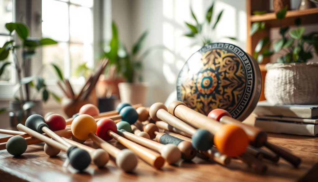 A beautifully arranged display of tongue drum accessories, including mallets and tuning forks, set on a wooden table. In the foreground, the focus is on a colorful assortment of mallets made of different materials such as rubber and wood, showcasing their textures. The middle ground features an elegant tongue drum with intricate designs and vibrant colors, capturing attention with its craftsmanship. In the background, soft, natural light filters through a nearby window, creating a warm and inviting atmosphere. The setting is cozy, with a hint of greenery from houseplants subtly adding to the ambiance. The overall mood is serene and artistic, emphasizing the beauty and variety of tongue drum accessories. A beautifully arranged display of tongue drum accessories, including mallets and tuning forks, set on a wooden table. In the foreground, the focus is on a colorful assortment of mallets made of different materials such as rubber and wood, showcasing their textures. The middle ground features an elegant tongue drum with intricate designs and vibrant colors, capturing attention with its craftsmanship. In the background, soft, natural light filters through a nearby window, creating a warm and inviting atmosphere. The setting is cozy, with a hint of greenery from houseplants subtly adding to the ambiance. The overall mood is serene and artistic, emphasizing the beauty and variety of tongue drum accessories.