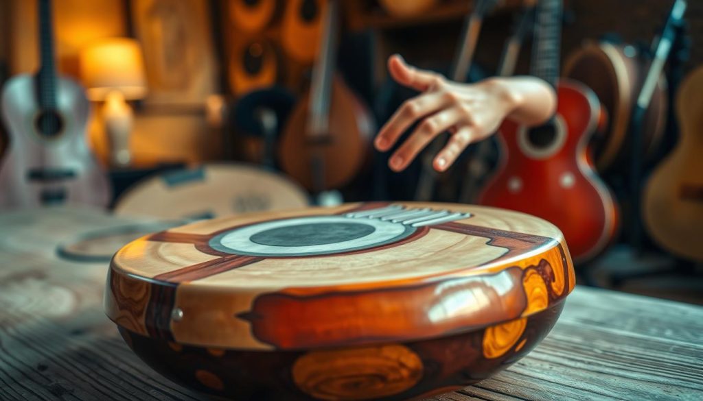 A beautifully crafted tongue drum is the focal point, showcasing its intricate design and vibrant colors, resting on a textured wooden surface. In the foreground, the tongue drum’s polished surface reflects soft, natural lighting, highlighting the unique patterns and tones of its material. In the middle ground, a pair of hands gently play the drum, fingers poised gracefully over the steel tongues, conveying the emotional connection musicians have with this instrument. The background features a warm, softly blurred ambiance of a cozy room filled with musical instruments, emphasizing the artistic spirit. The overall mood is serene and inviting, ideal for music lovers exploring the nuances of tongue drums. A beautifully crafted tongue drum is the focal point, showcasing its intricate design and vibrant colors, resting on a textured wooden surface. In the foreground, the tongue drum’s polished surface reflects soft, natural lighting, highlighting the unique patterns and tones of its material. In the middle ground, a pair of hands gently play the drum, fingers poised gracefully over the steel tongues, conveying the emotional connection musicians have with this instrument. The background features a warm, softly blurred ambiance of a cozy room filled with musical instruments, emphasizing the artistic spirit. The overall mood is serene and inviting, ideal for music lovers exploring the nuances of tongue drums.