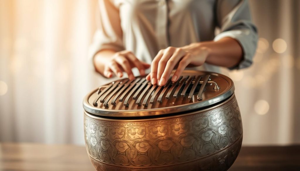 A beautifully crafted tongue drum placed prominently in the foreground, showcasing its unique notes and engraved patterns. The drum is surrounded by a soft glow that highlights the metallic hues of its surface, evoking a sense of tranquility. In the middle ground, a pair of hands gently tapping various notes on the drum, demonstrating its playability. The person is wearing modest casual clothing to maintain a professional atmosphere. In the background, a serene setting with gentle bokeh effects creates an ethereal mood, reminiscent of a peaceful musical space. Soft, diffused lighting bathes the scene, and the overall ambiance invites viewers to explore the melodic world of the tongue drum.