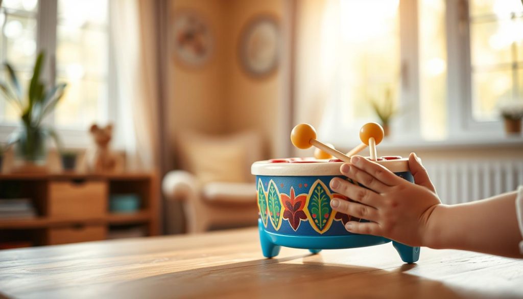 A close-up view of a Vilac tongue drum, elegantly designed with vibrant colors and intricate patterns, placed on a soft wooden table. In the foreground, a pair of small hands, possibly of a child, gently striking the drum with mallets, showcasing the interaction between the user and the instrument. The background features a softly blurred room filled with warm, natural light streaming through a window, giving an inviting and cheerful atmosphere. The scene should capture the joy and curiosity of children exploring musical instruments, emphasizing their engagement and delight. Use a shallow depth of field to create focus on the drum and the hands, while softly blurring the background for a dreamy effect. A close-up view of a Vilac tongue drum, elegantly designed with vibrant colors and intricate patterns, placed on a soft wooden table. In the foreground, a pair of small hands, possibly of a child, gently striking the drum with mallets, showcasing the interaction between the user and the instrument. The background features a softly blurred room filled with warm, natural light streaming through a window, giving an inviting and cheerful atmosphere. The scene should capture the joy and curiosity of children exploring musical instruments, emphasizing their engagement and delight. Use a shallow depth of field to create focus on the drum and the hands, while softly blurring the background for a dreamy effect.
