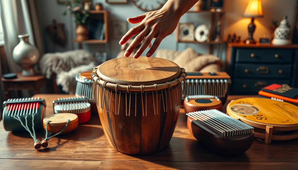 A close-up view of a beautifully crafted tongue drum displayed prominently on a wooden table, surrounded by various models of tongue drums, each showcasing different numbers of tongues and vibrant colors. The foreground features a skilled musician's hands gracefully poised above the drum, demonstrating technique. Soft, warm lighting illuminates the instruments, casting gentle shadows that highlight their intricate designs. In the background, a cozy, artistic space with ethereal tones and decor elements that reflect a serene atmosphere, inviting creativity and musical exploration. The mood is tranquil yet inspiring, suggesting a deep connection to the art of music and the unique characteristics of each tongue drum model. A close-up view of a beautifully crafted tongue drum displayed prominently on a wooden table, surrounded by various models of tongue drums, each showcasing different numbers of tongues and vibrant colors. The foreground features a skilled musician's hands gracefully poised above the drum, demonstrating technique. Soft, warm lighting illuminates the instruments, casting gentle shadows that highlight their intricate designs. In the background, a cozy, artistic space with ethereal tones and decor elements that reflect a serene atmosphere, inviting creativity and musical exploration. The mood is tranquil yet inspiring, suggesting a deep connection to the art of music and the unique characteristics of each tongue drum model.