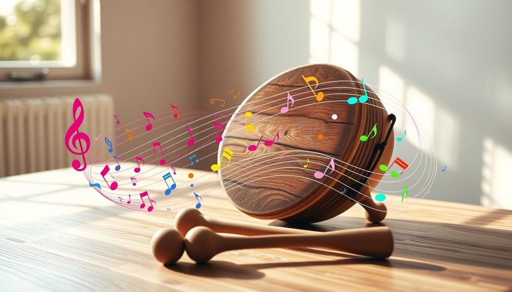 A close-up view of a wooden tongue drum displayed on a softly lit table, with a pair of mallets resting beside it. In the foreground, colorful musical notes and rhythms artistically swirl around the drum, visually representing the concept of rhythm and tempo. The background features a serene, minimalist room with natural light streaming through a window, casting gentle shadows. The atmosphere is calm and focused, conveying a sense of mastery and tranquility. Soft textures and tones of wood, along with hints of vibrant colors from the notes, create a harmonious visual experience. The image captures the essence of musical exploration, emphasizing the beauty of learning rhythm on the tongue drum.