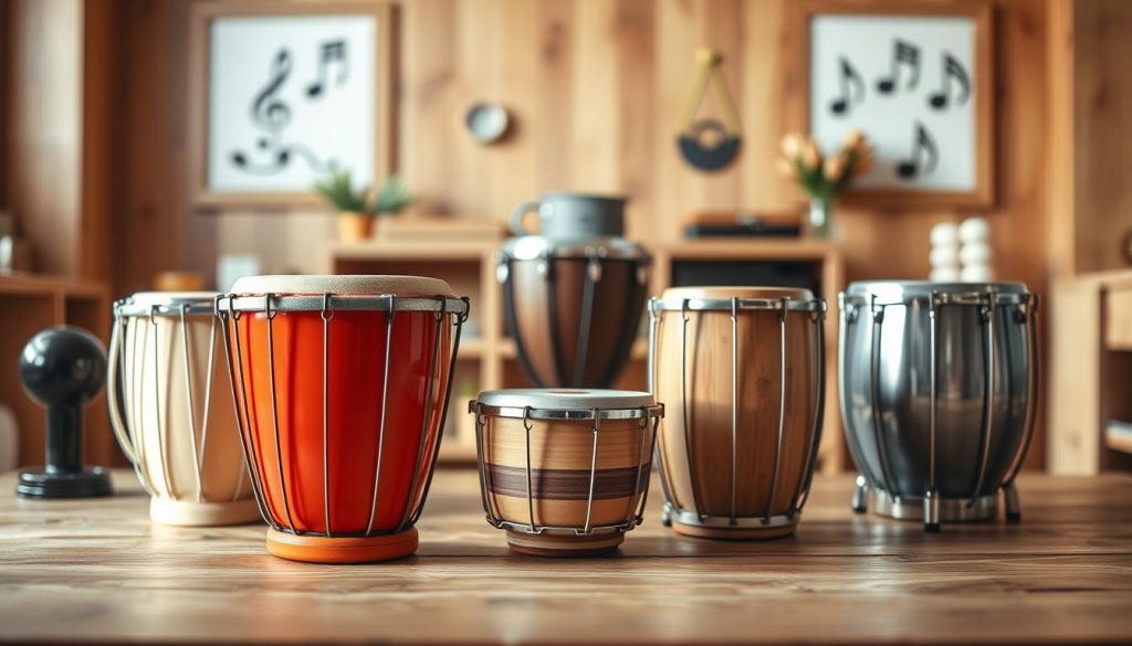 A comparison scene featuring a Vilac tongue drum alongside various other models on the market, emphasizing distinct designs and sizes. In the foreground, showcase the Vilac tongue drum with its vibrant colors and unique shape, surrounded by alternative models in softer tones for contrast. In the middle ground, include a wooden table displaying the drums, under soft, natural lighting that highlights their metallic finishes. The background features a cozy room setting with warm wood accents and musical notes artistically placed on the walls. The atmosphere is inviting and educational, capturing the essence of musical exploration for children. Use a shallow depth of field to softly blur the background, emphasizing the drums in focus. A comparison scene featuring a Vilac tongue drum alongside various other models on the market, emphasizing distinct designs and sizes. In the foreground, showcase the Vilac tongue drum with its vibrant colors and unique shape, surrounded by alternative models in softer tones for contrast. In the middle ground, include a wooden table displaying the drums, under soft, natural lighting that highlights their metallic finishes. The background features a cozy room setting with warm wood accents and musical notes artistically placed on the walls. The atmosphere is inviting and educational, capturing the essence of musical exploration for children. Use a shallow depth of field to softly blur the background, emphasizing the drums in focus.