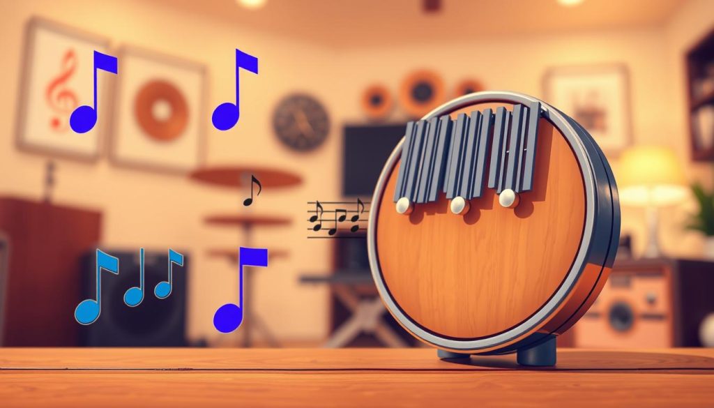A detailed, educational illustration featuring essential symbols for interpreting rhythm and time in music notation, specifically for a tongue drum. In the foreground, prominently display key musical symbols like quarter notes, eighth notes, and rests, artistically rendered in a vibrant, engaging style. In the middle ground, include a stylish diagram of a tongue drum showcasing its different notes, emphasizing the connection between the symbols and the instrument. The background should feature a soft, blurred ambiance of a cozy music studio, with warm lighting creating a relaxed, inviting mood. Use a slightly elevated angle to provide depth and engage the viewer, ensuring clarity and focus on the symbols and the drum.