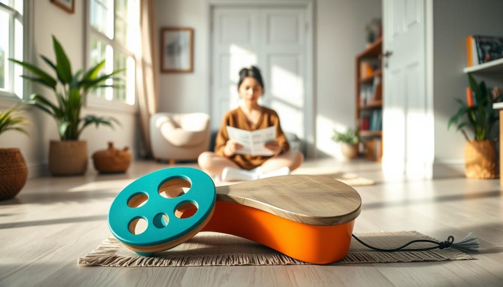 A serene interior scene featuring a beginner-friendly tongue drum placed prominently in the foreground. The tongue drum is crafted from vibrant materials, showcasing its unique cut-out notes and inviting colors like turquoise and deep orange. In the middle ground, a person—dressed in casual, modest clothing—sits cross-legged on a soft mat, attentively examining sheet music that is spread in front of them. Soft natural light streams through a nearby window, casting gentle shadows and creating a peaceful atmosphere. The background includes subtle elements such as house plants and shelves with music books, emphasizing a cozy, creative space for music exploration. The overall mood is inspiring and tranquil, encouraging newcomers to engage with music.