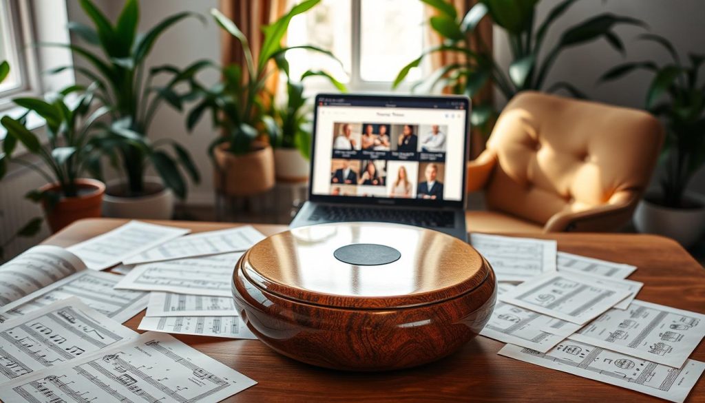 A serene, inviting workspace designed for a tongue drum enthusiast. In the foreground, a beautifully crafted tongue drum with a glossy finish sits atop a wooden table. Scattered around it are colorful sheet music papers showcasing various musical notes and patterns, hinting at the theme of finding free partitions. In the middle ground, a stylish, open laptop displays a website with thumbnails of downloadable sheet music, emphasizing digital access to resources. The background features lush indoor plants, soft natural light filtering through a window, creating a warm and inspiring atmosphere. A cozy chair complements the setting, suggesting a place for creativity and music. The overall mood is relaxed and focused, perfect for a music lover's sanctuary.