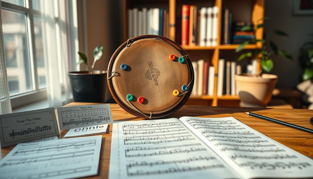 A serene workspace featuring a close-up view of a beautifully crafted tongue drum, displaying its unique note markings in vibrant colors. In the foreground, detailed images of different notation systems, such as graphic representations and numerical systems, are neatly arranged around the drum. The middle ground includes sheet music specific to tongue drum techniques, laid open with an inviting layout. A warm, soft lighting cascades from a nearby window, creating gentle shadows that enhance the textures of the drum and paper. The background features a softly blurred shelf filled with musical books and a plant, adding a calming atmosphere. The overall mood is educational and inspiring, encouraging exploration and understanding of musical notation for the tongue drum.