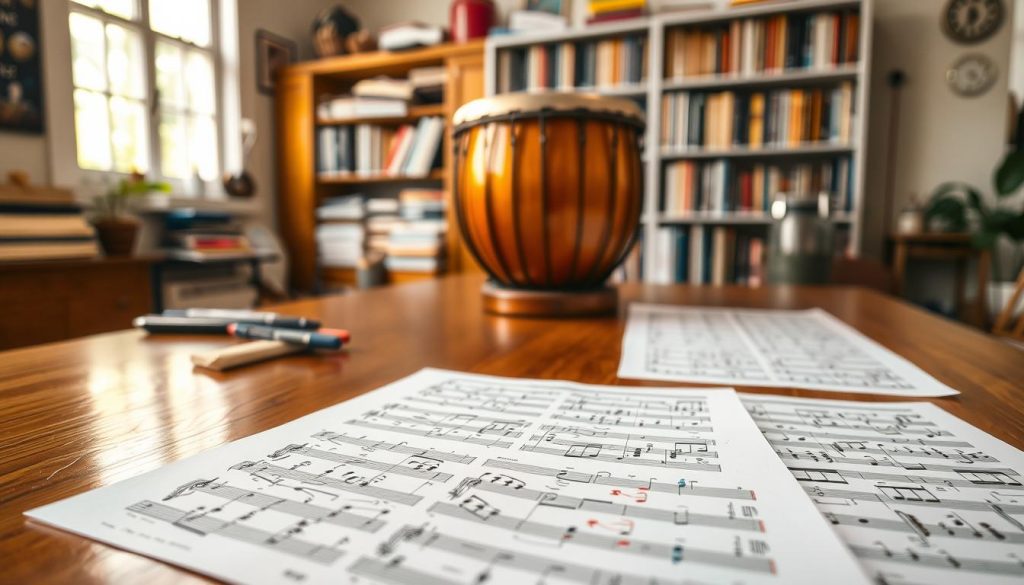 A serene workspace showcasing partitions for tongue drum music. In the foreground, a close-up of intricate musical notation sheets spread across a polished wooden table, featuring colorful notes and symbols representative of various notation systems. The middle ground includes a beautifully crafted tongue drum perched elegantly, with its vibrant tones reflecting in the soft, warm light. In the background, a softly blurred bookshelf filled with music theory books and art supplies hints at a creative environment, bathed in natural light coming through a nearby window. The overall mood is inspiring and calming, perfect for musicians seeking guidance in their practice. The angle captures depth, drawing the viewer's eye into the composition without any text or distractions.