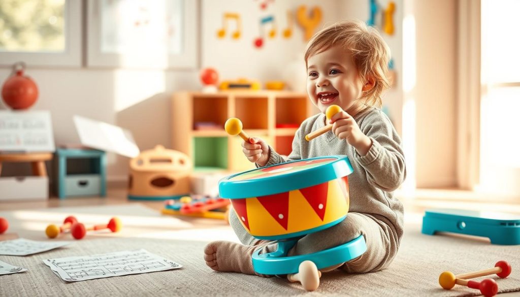 A vibrant scene depicting a colorful Vilac tongue drum set up in a sunlit children's room, designed to engage young children in music. In the foreground, a child seated cross-legged, joyfully striking the metal tongue drum with mallets, wearing a cozy casual outfit. Their expression is one of wonder and excitement. In the middle ground, scattered music sheets and simple musical instruments, like shakers and a xylophone, suggest a playful musical environment. The background features whimsical wall decorations with musical notes and bright colors, enhancing the cheerful mood. Soft, warm lighting bathes the room, casting gentle shadows and creating an inviting atmosphere. The focus should be sharp on the child and drum, with a slight bokeh effect in the background to emphasize the moment of musical discovery. A vibrant scene depicting a colorful Vilac tongue drum set up in a sunlit children's room, designed to engage young children in music. In the foreground, a child seated cross-legged, joyfully striking the metal tongue drum with mallets, wearing a cozy casual outfit. Their expression is one of wonder and excitement. In the middle ground, scattered music sheets and simple musical instruments, like shakers and a xylophone, suggest a playful musical environment. The background features whimsical wall decorations with musical notes and bright colors, enhancing the cheerful mood. Soft, warm lighting bathes the room, casting gentle shadows and creating an inviting atmosphere. The focus should be sharp on the child and drum, with a slight bokeh effect in the background to emphasize the moment of musical discovery.
