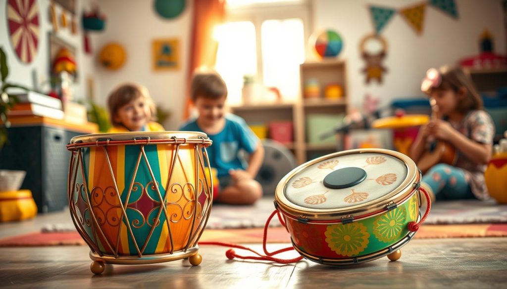 A vibrant scene showcasing a Vilac tongue drum for children, placed prominently in the foreground. The drum, made of colorful metal with intricate patterns, reflects light beautifully, emphasizing its artistic design. Surround it with a cozy, playful environment featuring kids engaged in music-making joyfully, dressed in casual, colorful clothing. In the middle ground, a soft focus shows a sunny room filled with musical instruments and playful decor, enhancing the inviting atmosphere. In the background, gentle daylight filters through a window, illuminating the entire scene with a warm glow. The mood is cheerful and inspiring, capturing the essence of creativity and joy that comes with music for children. A vibrant scene showcasing a Vilac tongue drum for children, placed prominently in the foreground. The drum, made of colorful metal with intricate patterns, reflects light beautifully, emphasizing its artistic design. Surround it with a cozy, playful environment featuring kids engaged in music-making joyfully, dressed in casual, colorful clothing. In the middle ground, a soft focus shows a sunny room filled with musical instruments and playful decor, enhancing the inviting atmosphere. In the background, gentle daylight filters through a window, illuminating the entire scene with a warm glow. The mood is cheerful and inspiring, capturing the essence of creativity and joy that comes with music for children.
